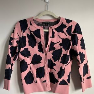 Super cute Ann Taylor pink cardigan with blue lattice trimmed skirt